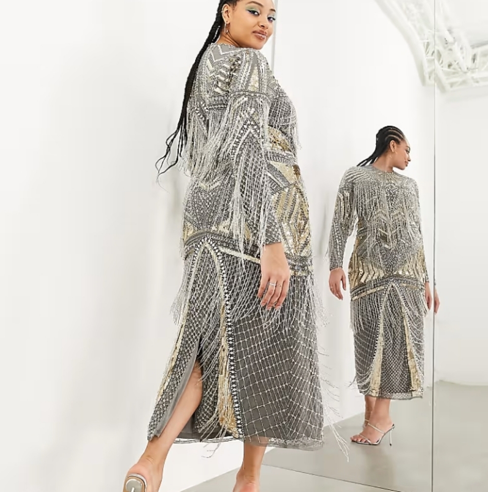 ASOS EDITION Curce Statement Embellished Sequins Fringe Gold and Silver  Sz-14 - Picture 3 of 12
